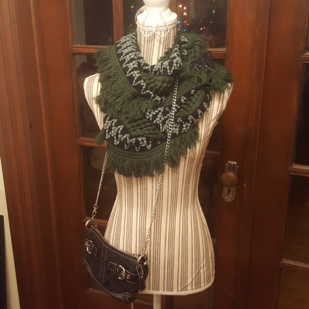 Black Coach Crossbody Bag, Knit Scarf, Earrings